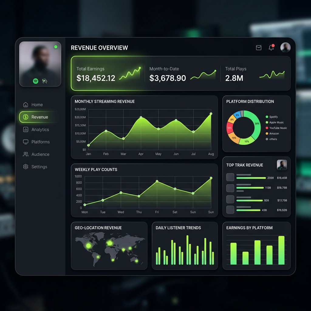 Music monetization dashboard showing global streaming revenue analytics